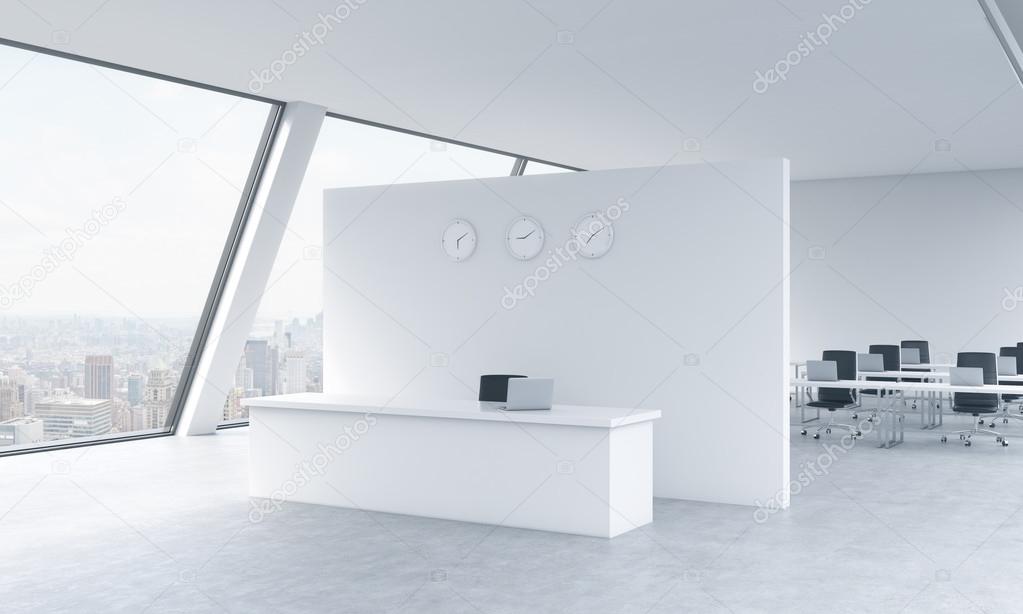 Reception area with clocks and workplaces in a bright modern open space loft office. White tables. New York panoramic view in the windows. The concept of luxury consulting services. 3D rendering.