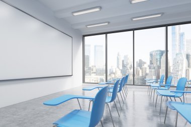A classroom or presentation room in a modern university or fancy office. Blue chairs, a whiteboard on the wall and panoramic windows with New York view. 3D rendering.