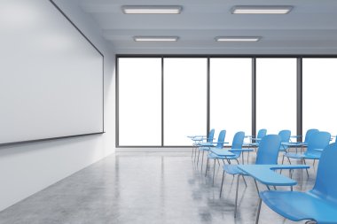 A classroom or presentation room in a modern university or fancy office. Blue chairs, a whiteboard on the wall and panoramic windows with white copy space. 3D rendering. clipart