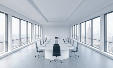 A bright modern panoramic meeting room in a modern office with New York city view. The concept of the meeting of the Board of Director of the huge transnational corporation. 3D rendering.