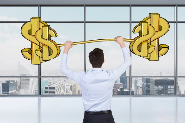 A young professional holds a sketched dollar weight in the panoramic office with New York view. — Stock Photo, Image