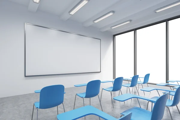 A classroom or presentation room in a modern university or fancy office. Blue chairs, a whiteboard on the wall and panoramic windows with white copy space. 3D rendering. — Stockfoto