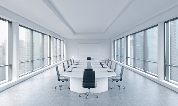 Яркий современный панорамный конференц-зал в современном офисе с видом на Сингапур. Концепция заседания совета директоров огромной транснациональной корпорации. 3D рендеринг
.