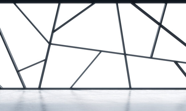 A bright contemporary panoramic empty office space with white copy space in the windows. The concept of highly professional financial or legal services. 3D rendering.