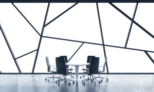 A meeting room in a bright contemporary panoramic office space with white copy space in the windows. The concept of highly professional financial or legal services. 3D rendering. — Stock Photo, Image