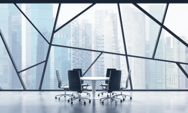 A meeting room in a bright contemporary panoramic office space with Singapore city view. The concept of highly professional financial or legal services. 3D rendering. — Stock Photo, Image