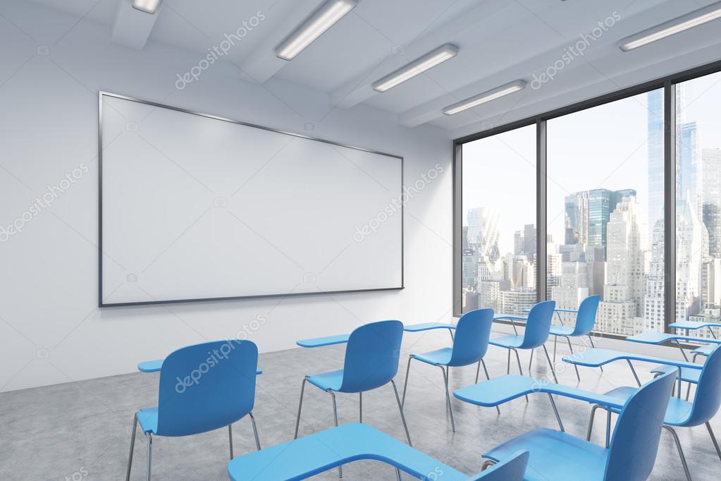 A classroom or presentation room in a modern university or fancy office. Blue chairs, a whiteboard on the wall and panoramic windows with New York view. 3D rendering.