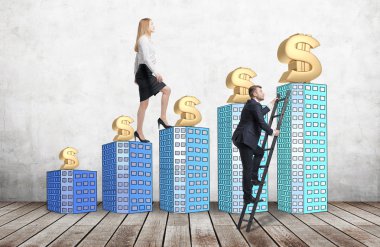 A woman in formal clothes is going up using a stairs which are made of houses, while a man has found a shortcut how to reach a final point. A concept of success.