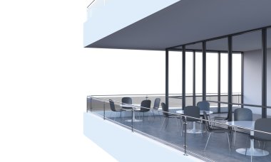 A terrace with tables and chairs in a modern panoramic building. 3D rendering. White copy space on background.