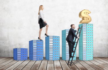 A woman in formal clothes is going up using a stairs which are made of houses, while a man has found a shortcut how to reach a final point. A concept of success. Concrete background and wooden floor.