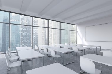 A modern panoramic classroom with Singapore view. White tables and white chairs. 3D rendering.