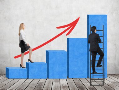 A woman in formal clothes is going up through a blue bar chart, while a man has found a shortcut how to reach the final point of the bar chart. A concept of success. Concrete wall and wooden floor.