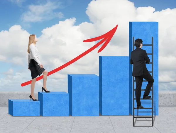 A woman in formal clothes is going up through a blue bar chart, while a man has found a shortcut how to reach the final point of the bar chart. A concept of success. Cloudy sky background. — Stock Photo, Image