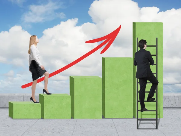 A woman in formal clothes is going up through a green bar chart, while a man has found a shortcut how to reach the final point of the bar chart. Cloudy sky on background. — Stockfoto