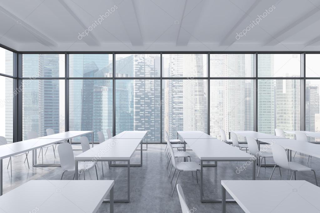 A modern panoramic classroom with Singapore view. White tables and white chairs. 3D rendering.
