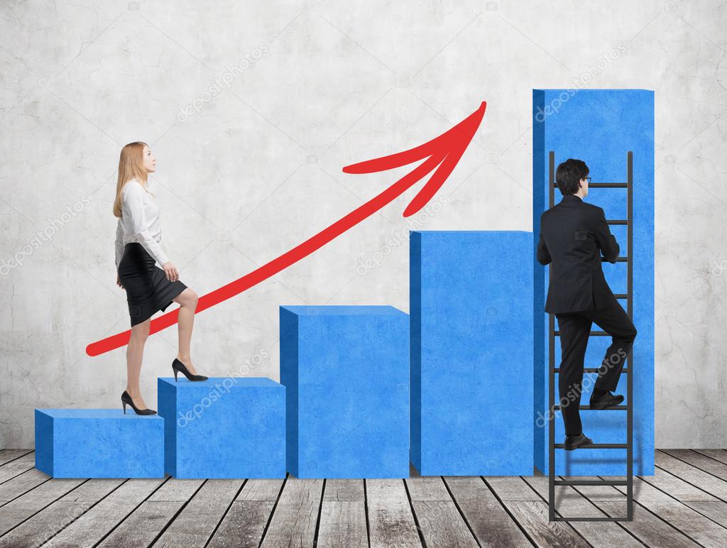 A woman in formal clothes is going up through a blue bar chart, while a man has found a shortcut how to reach the final point of the bar chart. A concept of success. Concrete wall and wooden floor.