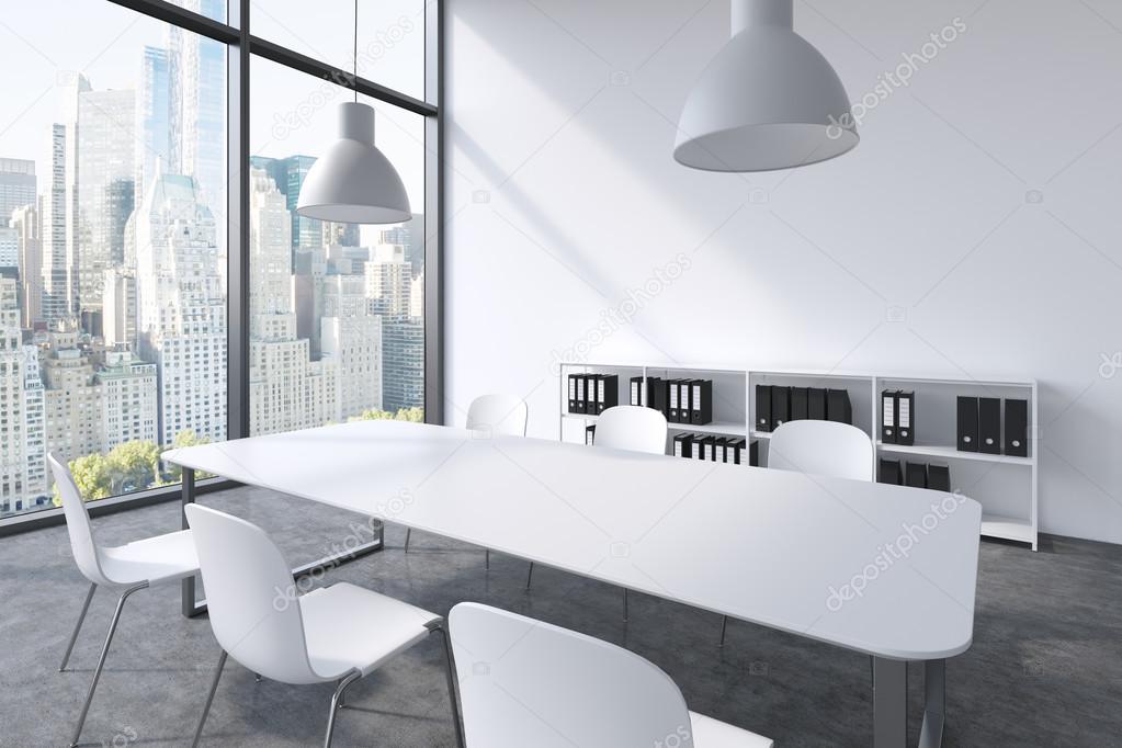 A conference room in a modern panoramic office in New York. White table, white chairs, two white ceiling lights and a bookcase. 3D rendering.