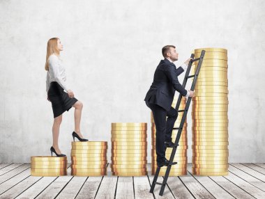 A woman in formal clothes is going up using a stairs which are made of golden coins, while a man has found a shortcut how to reach the final point. A concept of success. Concrete background.