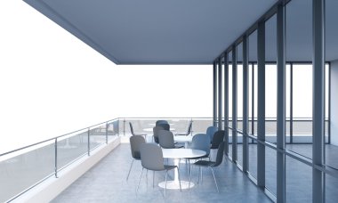 A terrace with tables and chairs in a modern panoramic building. 3D rendering. White copy space on background.