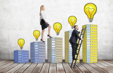 A woman in formal clothes is going up using a stairs which are made of houses with lightbulbs, while a man has found a shortcut how to reach a final point. A concept of new ideas and success.