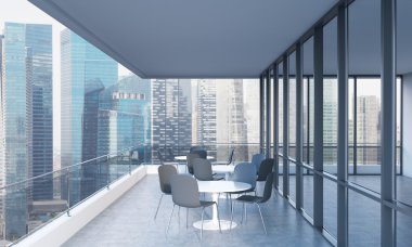 A terrace with tables and chairs in a modern panoramic building. 3D rendering. Singapore panoramic view on the background.