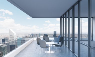 A terrace with tables and chairs in a modern panoramic building. 3D rendering. New York panoramic view on the background.