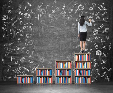 A rear view of brunette woman who is drawing educational icons on the huge chalk board. A ladder made of bookshelf.