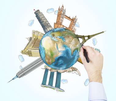A hand drawing sketches of the most famous places in the world. A concept of tourism and sightseeing. Light blue background. Elements of this image furnished by NASA.