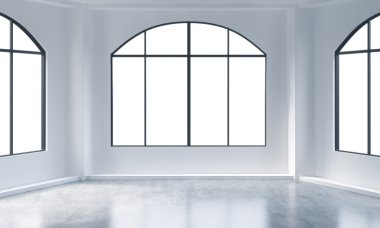 An empty modern bright and clean loft interior. Huge panoramic windows with white copy space and white walls. A concept of luxury open space for commercial or residential purposes. 3D rendering.