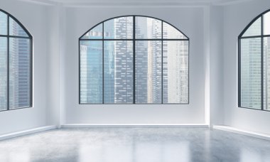 An empty modern bright and clean loft interior. Singapore city view. A concept of luxury open space for commercial or residential purposes. 3D rendering.