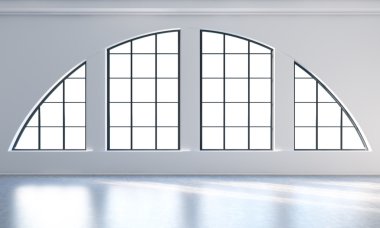 An empty modern bright and clean loft interior. Huge panoramic windows with white copy space and white walls. A concept of luxury open space for commercial or residential purposes. 3D rendering.