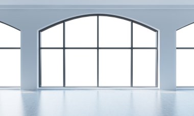 An empty modern bright and clean loft interior. Huge panoramic windows with white copy space and white walls. A concept of luxury open space for commercial or residential purposes. 3D rendering.