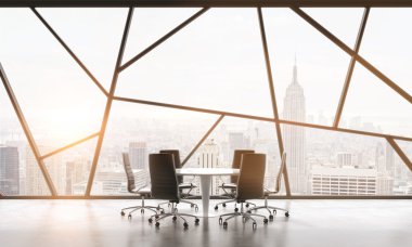 A meeting room in a bright contemporary panoramic office space with New York city view. The concept of highly professional financial or legal services. 3D rendering. Toned image. clipart