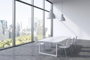 A conference room in a modern panoramic office with New York city view. White table, white chairs and two white ceiling lights. 3D rendering.