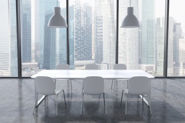 A conference room in a modern panoramic office with Singapore city view. White table, white chairs and two white ceiling lights. 3D rendering.