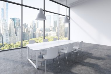 A conference room in a modern panoramic office with New York city view. White table, white chairs and two white ceiling lights. 3D rendering.