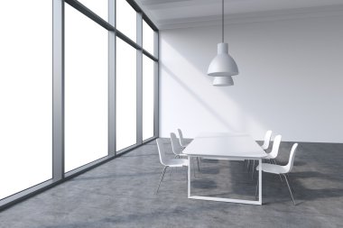 A conference room in a modern panoramic office with whit copy space in the windows. White table, white chairs and two white ceiling lights. 3D rendering.