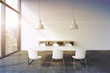A conference room in a modern panoramic office with New York view. White table, white chairs, a bookcase and two white ceiling lights. 3D rendering. A sunset. Toned image.