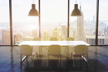 A conference room in a modern panoramic office with New York city view. White table, white chairs and two white ceiling lights. 3D rendering. Toned image.
