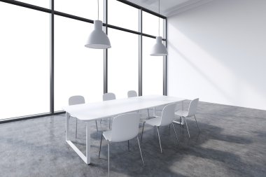 A conference room in a modern panoramic office with whit copy space in the windows. White table, white chairs and two white ceiling lights. 3D rendering.