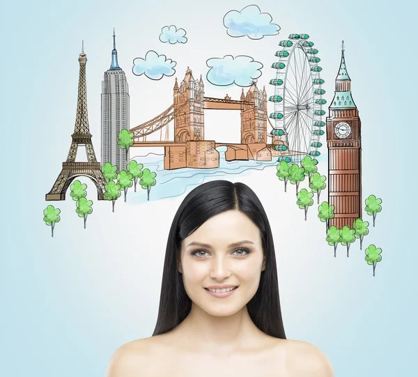 A portrait of smiling beautiful brunette. Drawn sketches of the most famous touristic places on the light blue background. The concept of tourism and sightseeing. — 스톡 사진