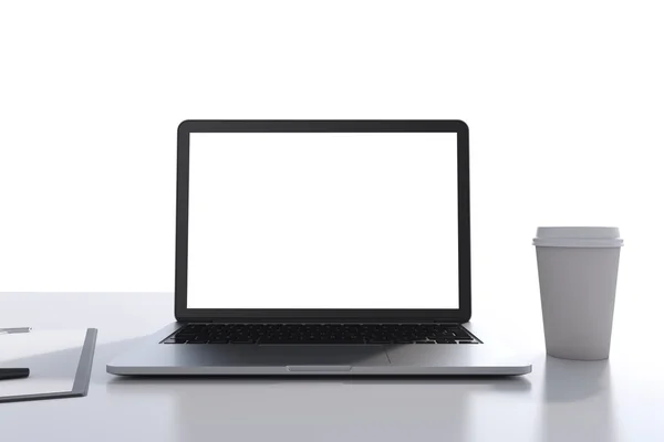 Hay una computadora portátil con pantalla de espacio de copia en blanco, almohadilla legal y una taza de café en la mesa. Un concepto de lugar de trabajo moderno. Representación 3D. Fondo blanco . — Foto de Stock