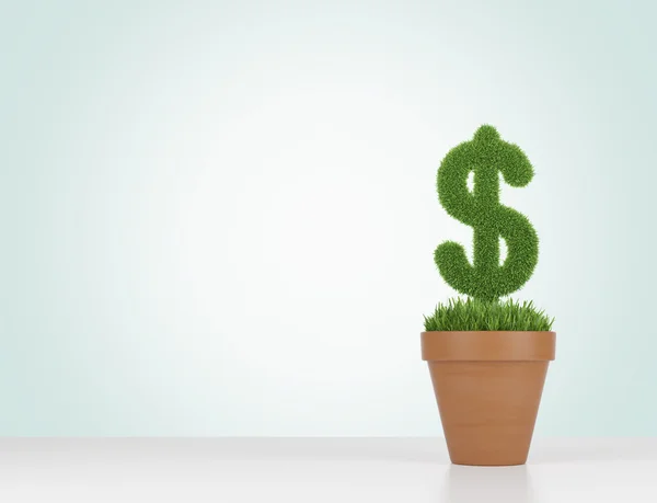 A flowerpot with grass green dollar sign on the table. Light green background. — Stock Fotó