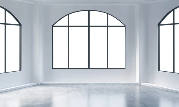 Порожній сучасний яскравий і чистий інтер'єр лофт. Величезні панорамні вікна з білим копіювальним простором і білими стінами. Концепція розкішного відкритого простору для комерційних або житлових цілей. 3D візуалізація . — стокове фото