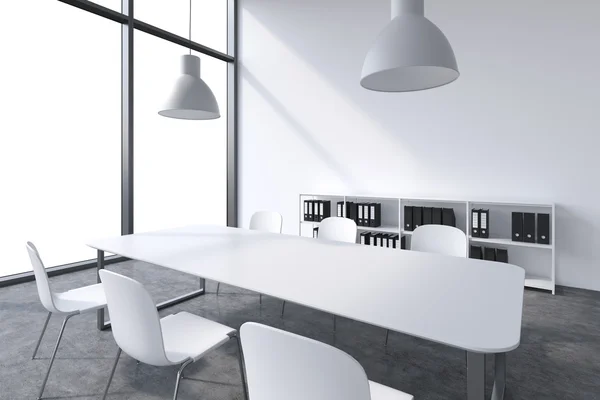 A conference room in a modern panoramic office with white copy space in the windows. White table, white chairs, a bookcase and two white ceiling lights. 3D rendering. — Stok fotoğraf
