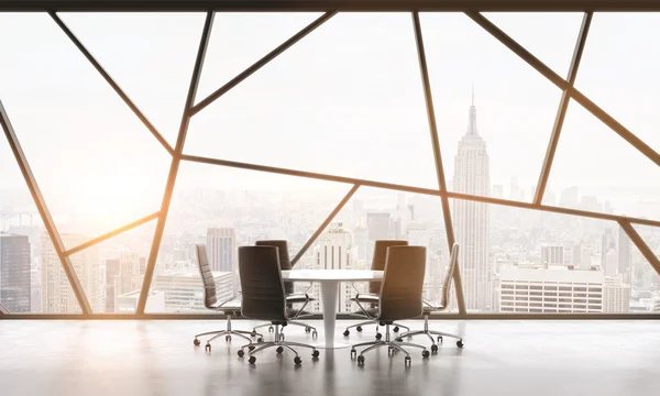 A meeting room in a bright contemporary panoramic office space with New York city view. The concept of highly professional financial or legal services. 3D rendering. Toned image. — 스톡 사진