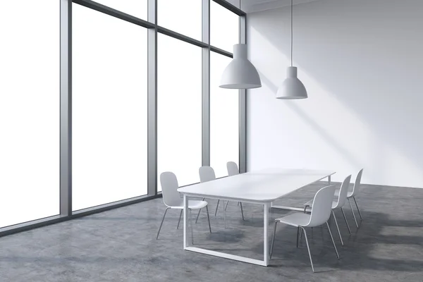 A conference room in a modern panoramic office with whit copy space in the windows. White table, white chairs and two white ceiling lights. 3D rendering. — Stockfoto