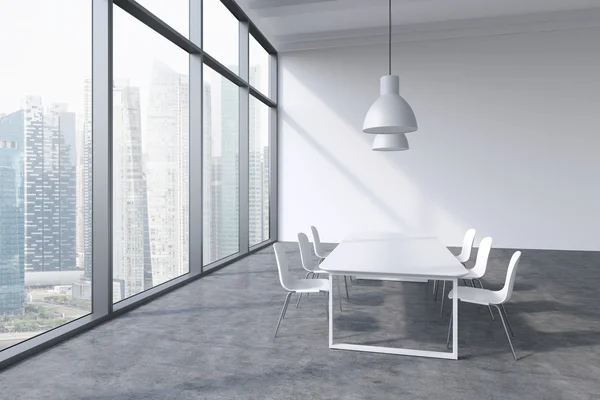 A conference room in a modern panoramic office with Singapore city view. White table, white chairs and two white ceiling lights. 3D rendering. — Zdjęcie stockowe