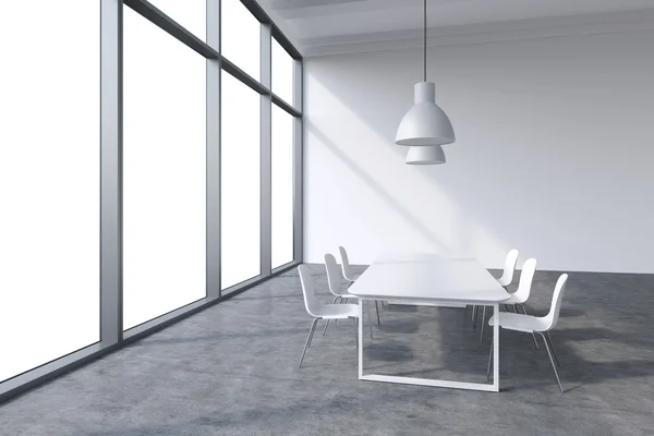 A conference room in a modern panoramic office with whit copy space in the windows. White table, white chairs and two white ceiling lights. 3D rendering. — Stockfoto