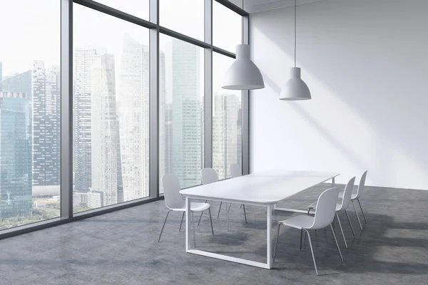 A conference room in a modern panoramic office with Singapore city view. White table, white chairs and two white ceiling lights. 3D rendering. — Stockfoto